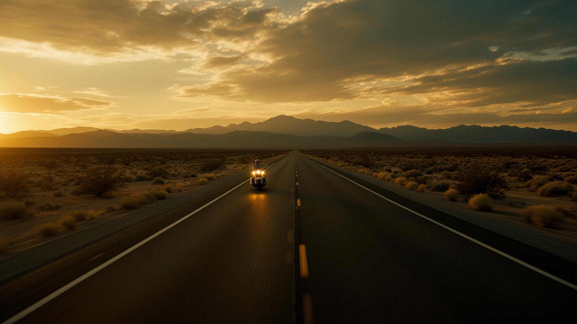 Lone motorcycle on a desert highway at golden hour